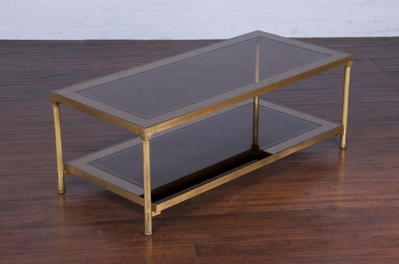 French Neoclassical Style Brass Coffee Table W/ Mirrored Smoked Glass Top image 9
