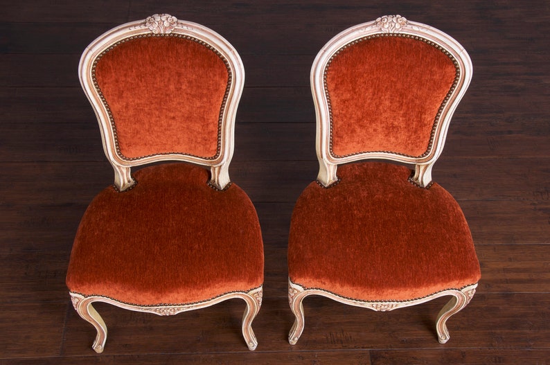 Antique French Louis XV Style Painted Dining Chairs W/ Burnt Orange Fabric Set of 6 image 5