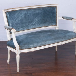 Antique French Louis XVI Style Painted Loveseat W/ Blue Velvet image 2