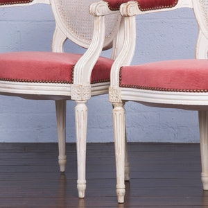 Antique French Louis XVI Style Painted Armchairs W/ Cane Back and Pink Mohair a Pair image 9