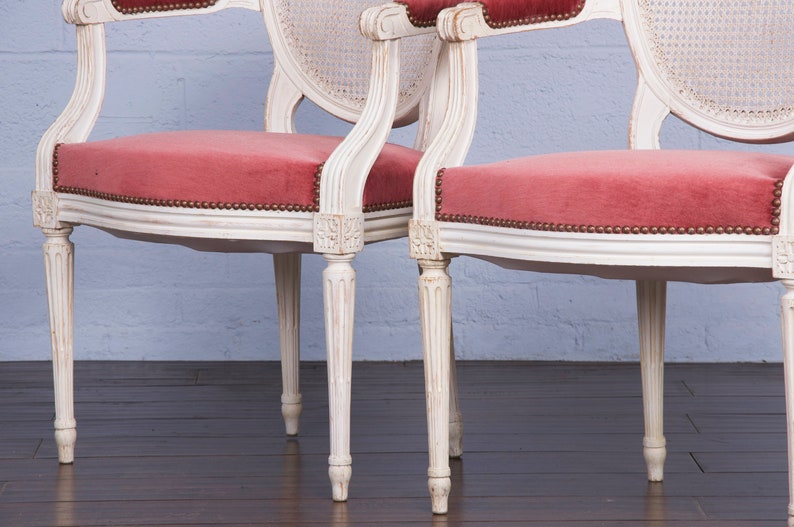 Antique French Louis XVI Style Painted Armchairs W/ Cane Back and Pink Mohair a Pair image 9