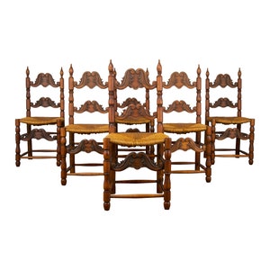 Antique Spanish Country Style Carved Ladder Back Maple Rush Dining Chairs Set of 6 image 1