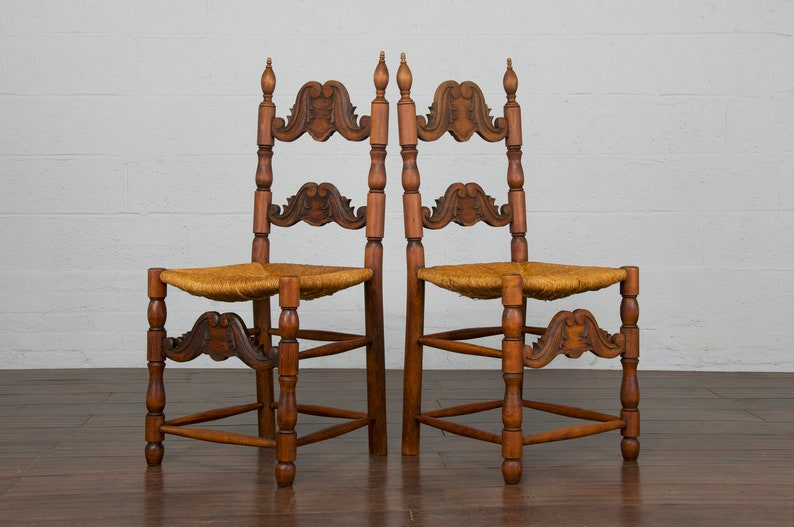 Antique Spanish Country Style Carved Ladder Back Maple Rush Dining Chairs Set of 6 image 7