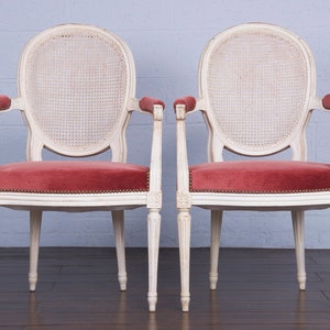 Antique French Louis XVI Style Painted Armchairs W/ Cane Back and Pink Mohair a Pair image 2