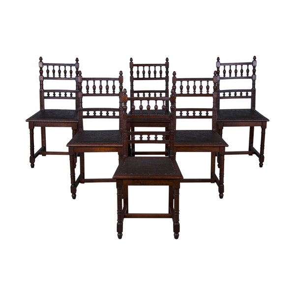 Antique French Henry II Style Oak Dining Chairs W/ Tooled Brown Vinyl - Set of 6