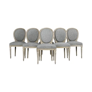 Antique French Louis XVI Style Painted Dining Chairs W/ Grey Blue Chenille - Set of 6