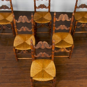 Antique Spanish Country Style Carved Ladder Back Maple Rush Dining Chairs Set of 6 image 3