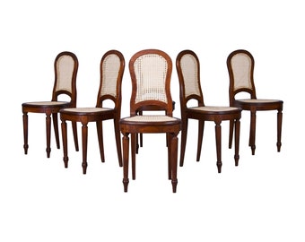 Antique French Louis XVI Style Burl Walnut Cane Dining Chairs - Set of 6