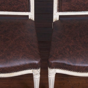French Maurice Hirsch Louis XVI Style Painted Square Back Dining Chairs W/ Brown Leather Set of 6 Signed image 6
