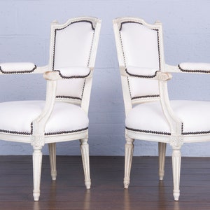 Antique French Louis XVI Style Painted Armchairs W/ White Wool A Pair image 7
