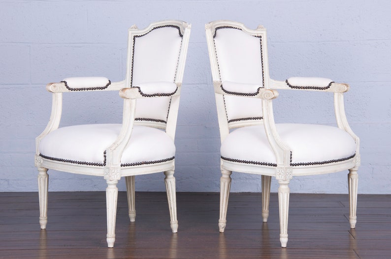 Antique French Louis XVI Style Painted Armchairs W/ White Wool A Pair image 7