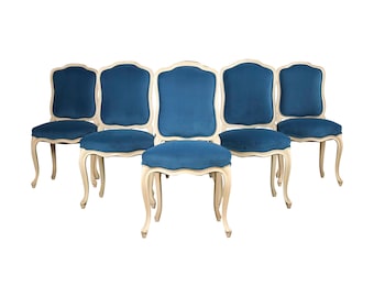 French Louis XV Style Painted Dining Chairs W/ Blue Velvet - Set of 6