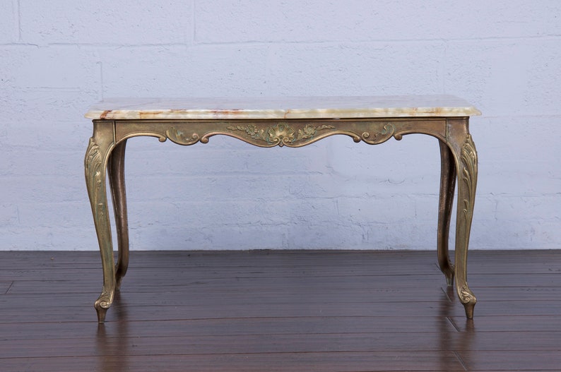 Antique French Louis XV Style Provincial Brass Coffee Table W/ Onyx Marble image 4