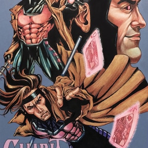 May include: A comic book illustration of Gambit, a superhero from the X-Men. He is depicted in a brown leather jacket, a pink and purple costume, and a black headband. He is holding a staff and throwing playing cards. The background is a blue-grey color.