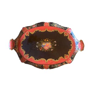 Vintage Hand Painted Wood Tray, Carved Wood, Solid Wood, Red and Black Floral Tray.... VintageCharmHouse