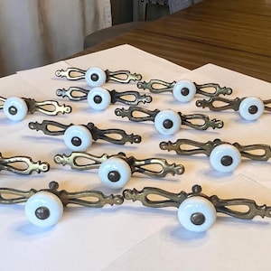 Set of 12 Antique Eastlake Brass Drawer Pulls | Victorian White Porcelain Knobs