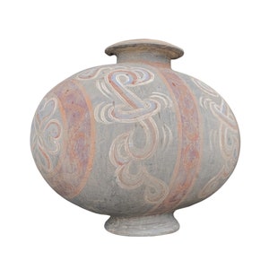 May include: A large, round, gray ceramic pot with a wide mouth and a small base. The pot is decorated with a geometric pattern in shades of brown, red, and white.