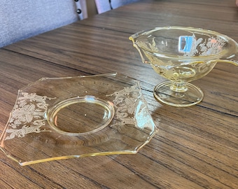 1930s Paden City Yellow Glass Bowl and Plate, Gothic Garden Etched Design