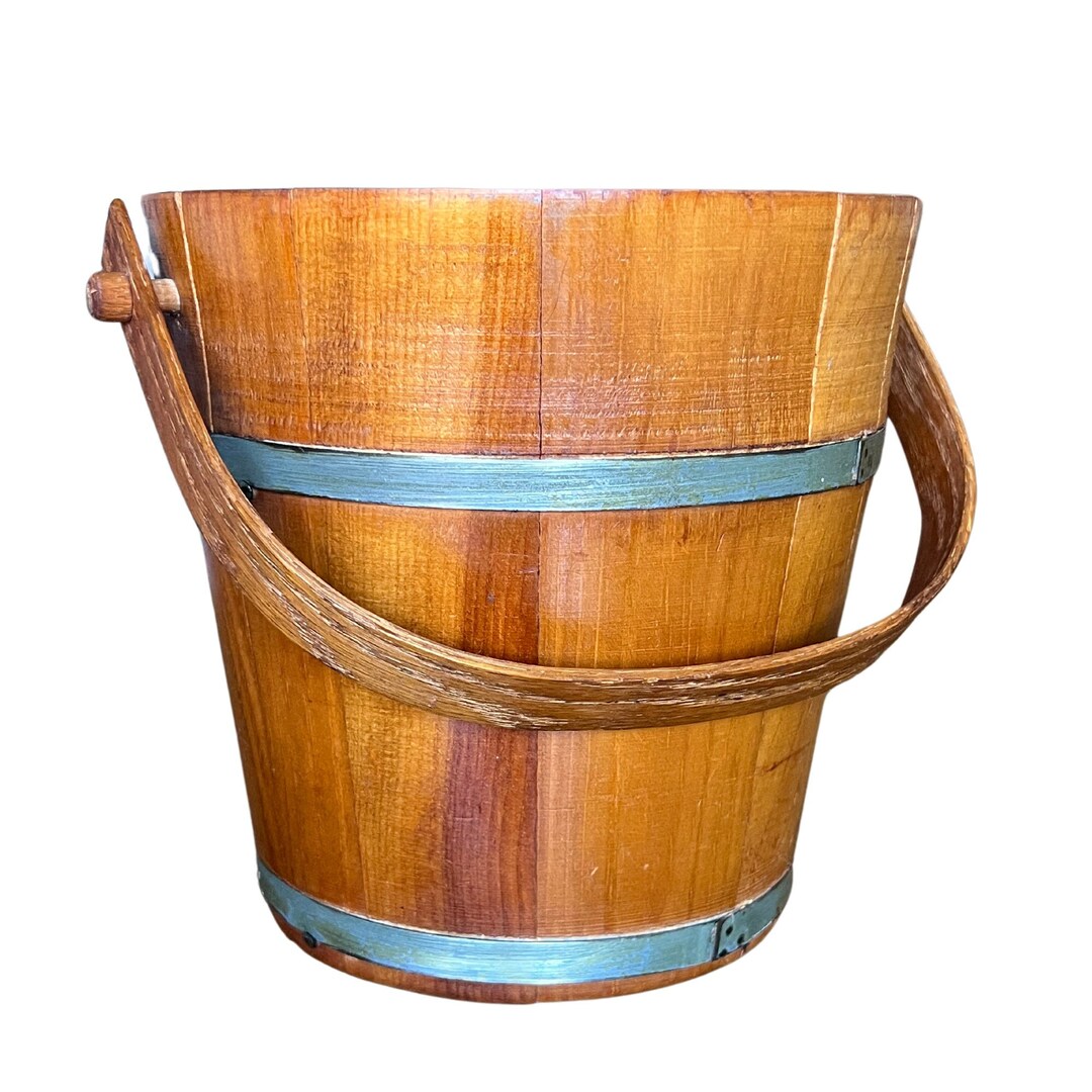 Vintage Lapped Wood Bucket With Dowel Bent Wood Handle 7.75