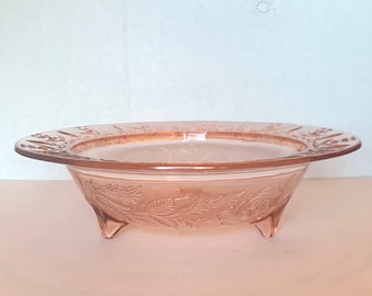 Vintage Pink Depression Glass Bowl, Embossed Wheat Floral Footed Centerpiece