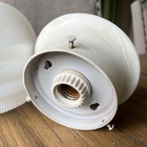1940s Art Deco School House Ceiling Light, Milk Glass and Clear Glass Globe, Skyscraper Shade, shops Art Deco Glass... VintageCharmHouse