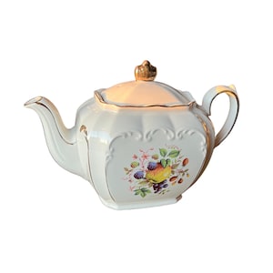 SADLER Cube Teapot with Lid, Cream Beige, Gold Gilt, Fruit Pattern, James Sadler Pottery, Antique, Made in England.... VintageCharmHouse