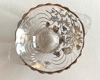 Vintage Cambridge Flanders Poppy Silver Overlay Glass Bowl, Art Deco Handles