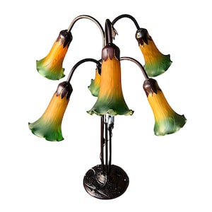 LARGE 24 1/2&quot; Lily Pad Trumpet Lamp, Vintage, Green & Amber, 6 Light Favrile Design, Gooseneck, Bronze, Vine, Art Nouveau..VintageCharmHouse