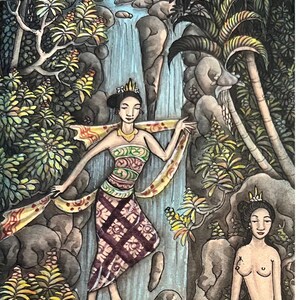 1980 年代の署名入りバリ絵画、額入り、オリジナルアートワーク
