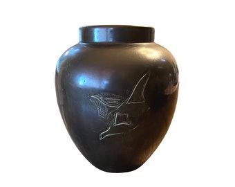 Vintage Gray Matte Glaze Vase with Geese, Round Ceramic Vase, Smooth, Artisan Art ..... VintageCharmHouse