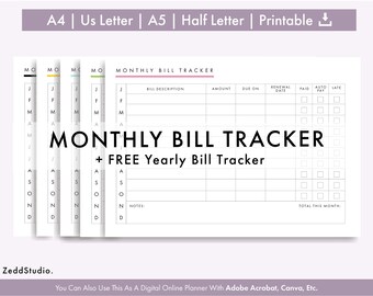 Monthly Bill Tracker, Monthly Payments, Keep Organised, PDF, Printable Notes, Digital Notes, A4, US Letter, A5 & Half Size
