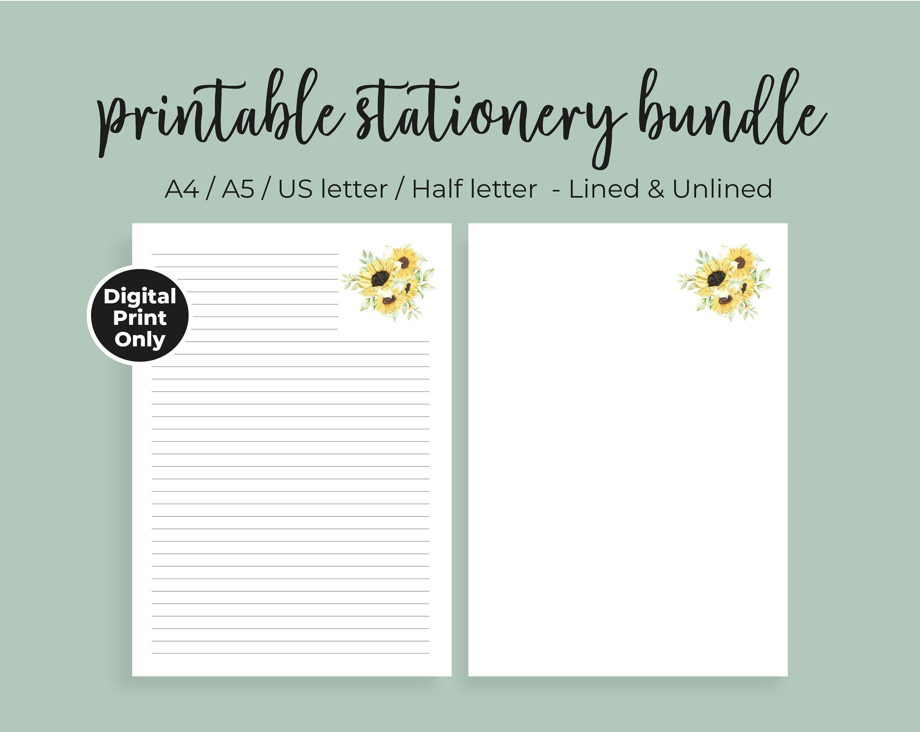 printable sunflower lined paper stationery unlined paper etsy