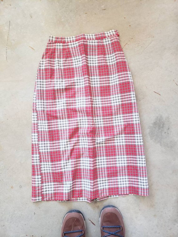 Red White and Grey Plaid Pencil Skirt