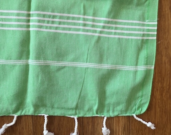 Turkish Cotton Bath Towel, Green White Stripe, Tassel Fringe, Full Size Beach Towel
