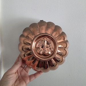 May include: A copper-colored, fluted mold with a central embossed design of cherries. The mold has a circular shape with a scalloped edge and a small loop for hanging. The shiny surface reflects light, highlighting the detailed fruit design.