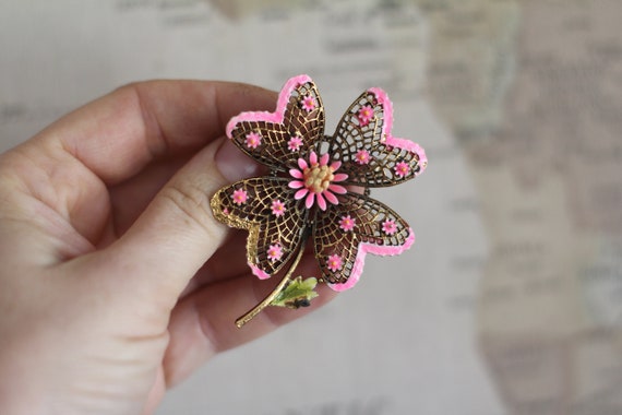 Vintage Pink and Gold Floral Brooch, Art Brand - image 1