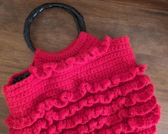 Vibrant Red Crocheted Purse Handbag with Black Handles