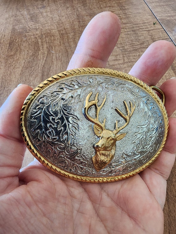 Silver and Gold Brass Belt Buckle with Buck Head