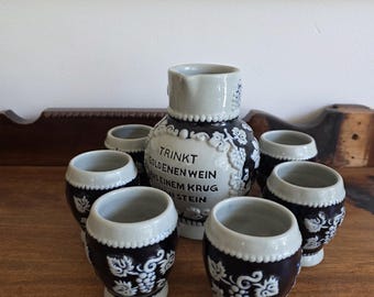Vintage Austrian Stoneware 1/2 Liter Wine Pitcher and Six Cups