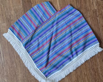 Colorful Poncho with White Frayed Trim