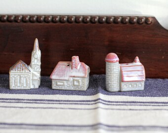 Takahashi Tiny Ceramic Village Figurines, Three Piece Set, Small Clay Farm Buildings