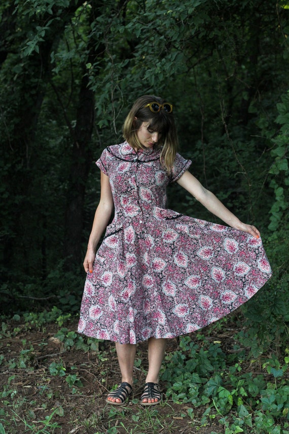 Vintage Paisley Handmade Dress in Pink and Black, 