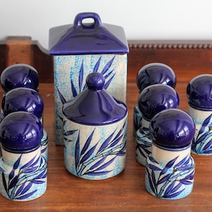 Eduardo Vega Hand Painted Pottery, Cuenca, Ecuador Tea Set, Canister, Sugar Bowl, Eight Tea Glasses with Lids, Blue Sugarcane Bamboo Design