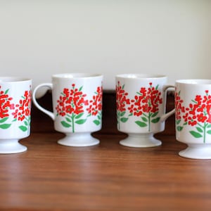 White Mugs with Red Flowers, Set of Four