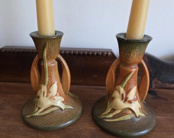 Roseville Pottery Candlestick Holders with White Lilies, Set of Two