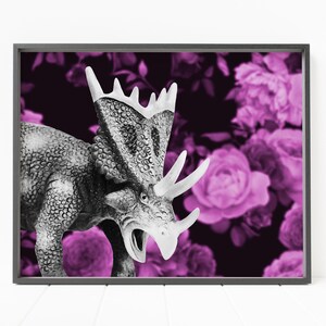 triceratops print, dinosaur wall art, dinosaur decor, dinosaur print, bold floral print