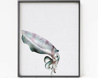 squid print, cuttlefish decor, squid wall art, ocean decor, minimalist animal art