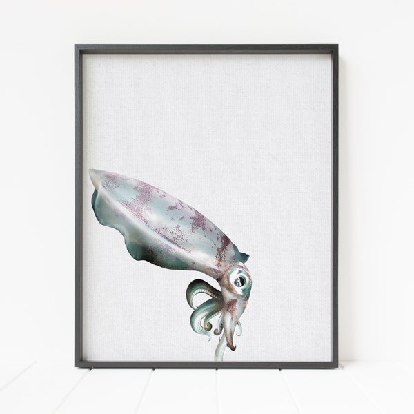 squid print, cuttlefish decor, squid wall art, ocean decor, minimalist animal art