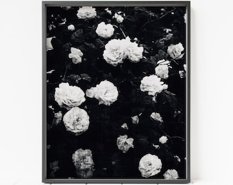 Estampado de flores, estampado de rosas en blanco y negro, estampado floral, arte de pared de rosas, decoración de rosas