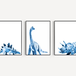 set of 3 dinosaur prints in blue, stegosaurus print, apatosaurus print, triceratops print, dinosaur print, blue dinosaur decor